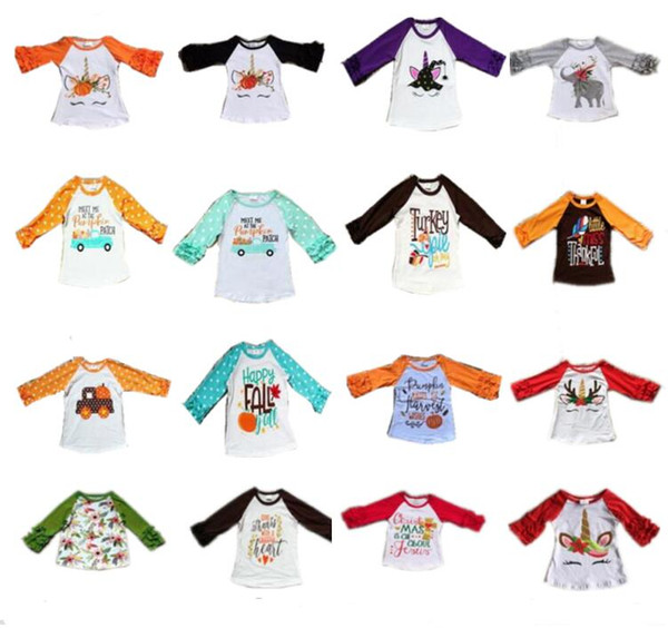 2018 Halloween pumpkin Long sleeve T Shirt Kids Girl dot Ruffle Autumn Round Collar tops baby Unicorn Clothing tees TShirt Hallowmas