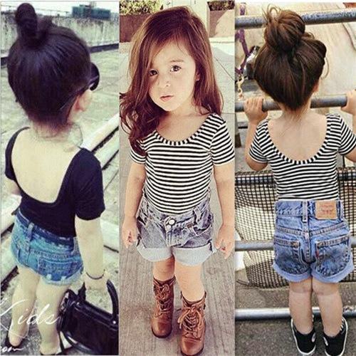 Ins Baby Girls Backless striped short sleeved T-shirt Cute Infant Toddle Slim Tops Tees Kids Tshirts Children Clothes Clothing