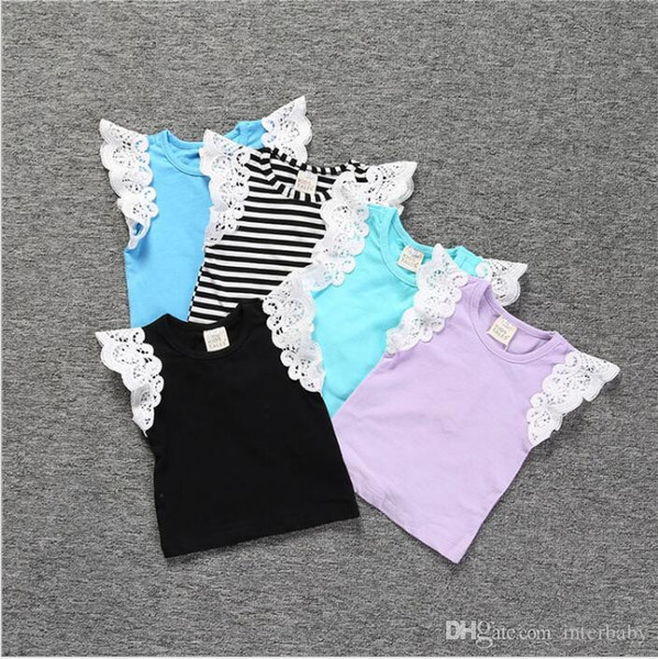 Kids Clothing Ins Girls Summer T-shirts Fly Sleeve Lace Tops Cotton Striped Tees Solid Sleeveless Tanks Vest Streetwear Baby Clothes B3816