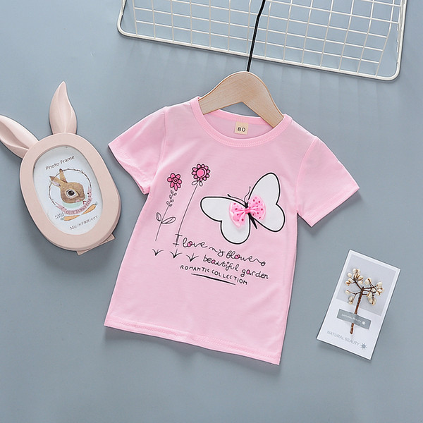 good quality 2019 New Summer Girl tshirt 2019 new children baby girl print summer tops kids o neck short sleeve t-shirt with bowknot