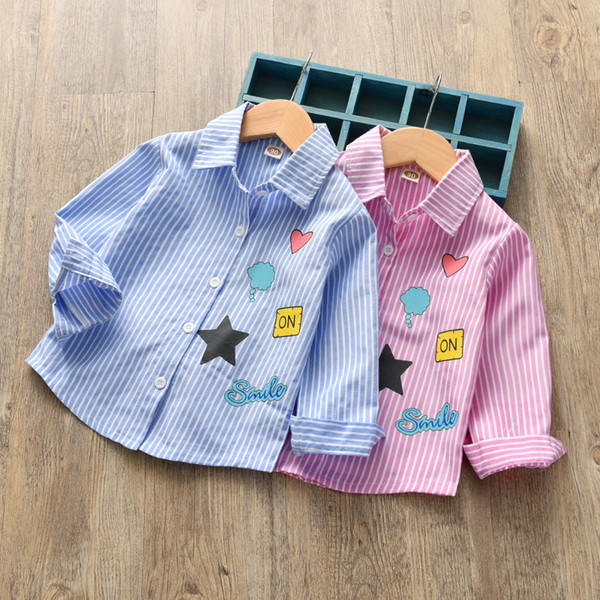 good quality 2019 kids spring and fall new boy shirt leisure cartoon print stripes girls fashion lapel long sleeve shirt