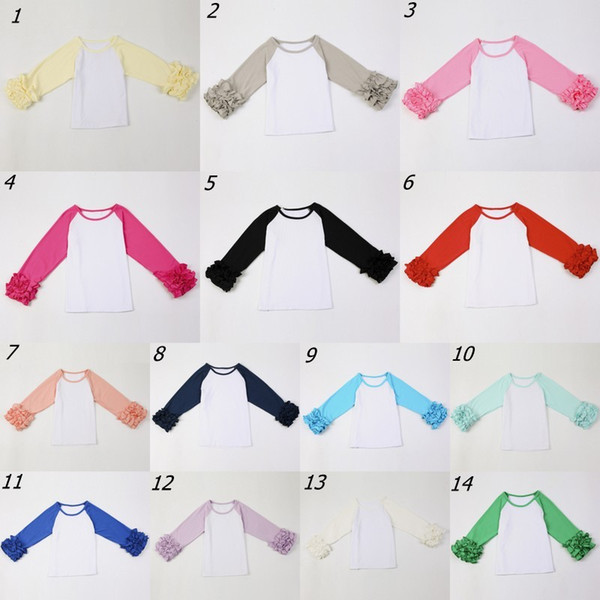 2017 Baby Girl Kids DIY Blanks Ruffle Cuff Sleeve Raglan T-Shirt Girls Monogram Ruffle Sleeve Raglan Shirts Solid Ruffle icing Shirts Tops