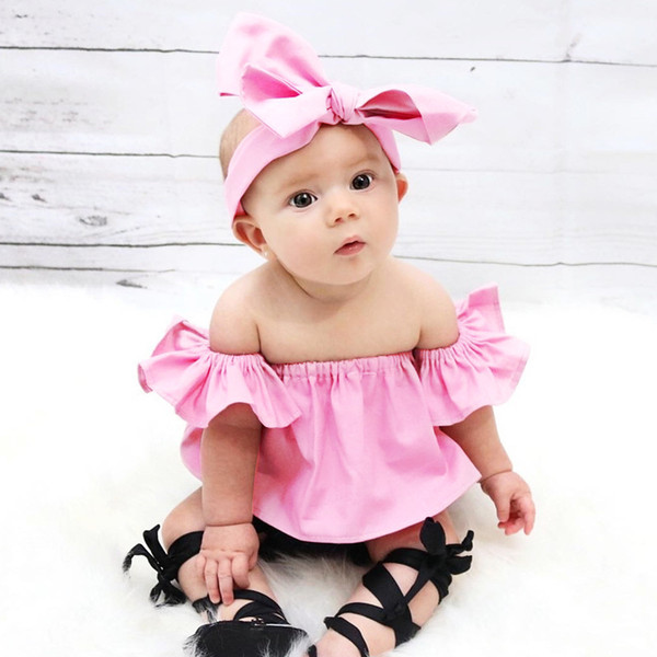 Cute Little Girls Off Shoulder Tops Cotton Summer 2018 Kids Boutique Clothing Euro America INS Baby Girls Cap Sleeves Solid Color Tops