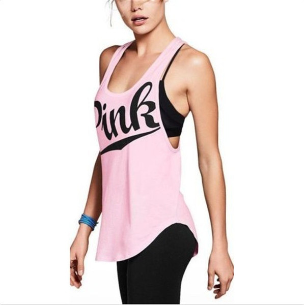 Women PINK Letter Vest Tank Top Summer Sexy Girls Loose Fitness Yoga Pink Sleeveless Vest Singlet Exercise Workout T-Shirt Blouse Camis New