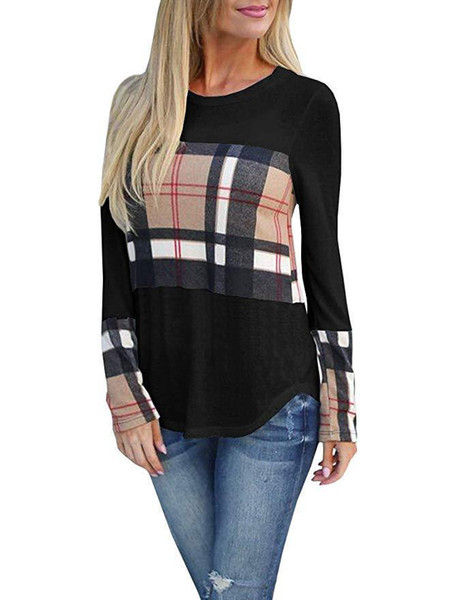 Plus size Women Plaid Panelled Long Sleeve T-shirt Autumn Winter Patchwork Shirts Blouses Casual Pullover Tops Ladies Girls Tshirts Clothes