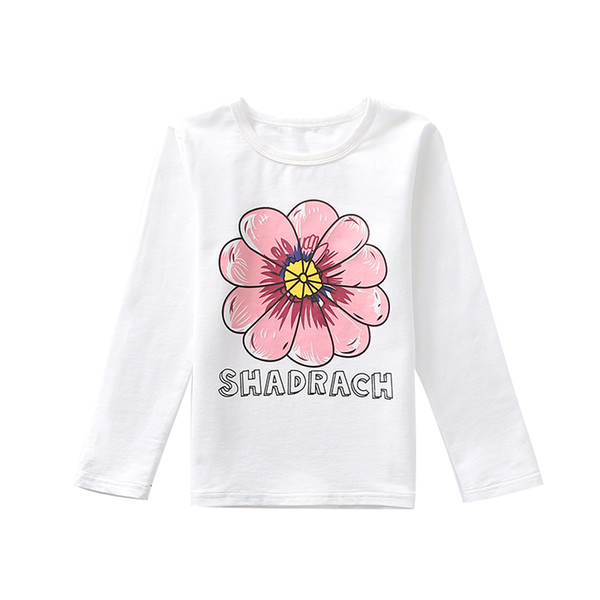 2019 Spring Summer Girls Long Sleeve Cotton Classic Big Pink Flower Print White T-shirts O-neck Teen Kids Basic Tops Tee Clothes