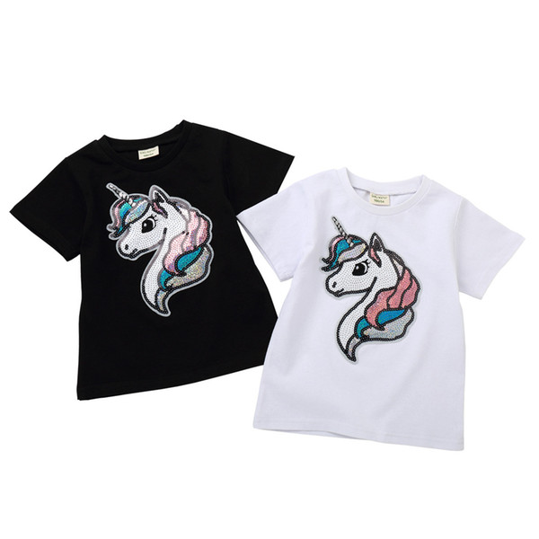 Wholesale Cotton boys girls kids t shirts summer casual t shirt short sleeve cartoon unicorn sequins tshirts white black children clothes