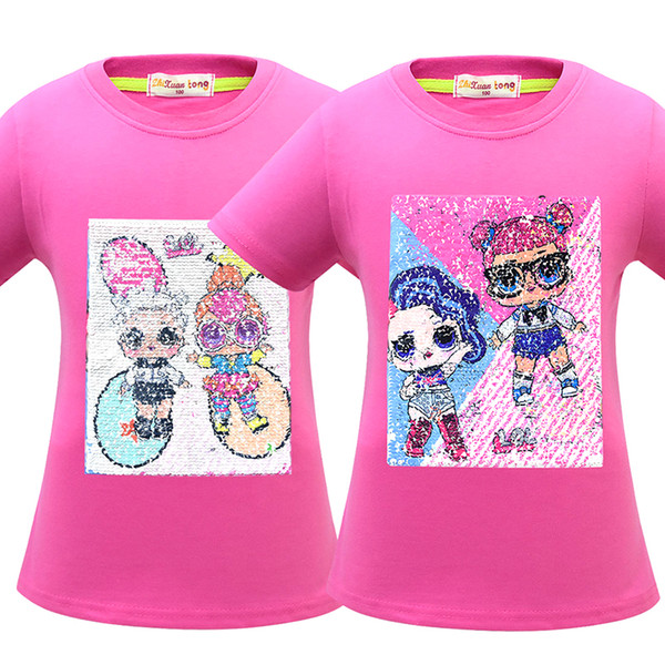 2019 new styles child double-sided flip sequins T-shirt Creative lol dolls cotton short-sleeved girls T-shirt 4 colors