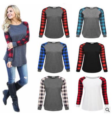 S-5XL Plus Size Plaid Panel Raglan Long Sleeve T-shirt Women Ladies Spring Autumn Winter Patchwork Sweatshirt Casual Blouse Shirt Top Tees