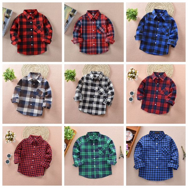 Kids Plaid Shirts Cotton Casual Boys Shirt with Pocket Long Sleeve Check Tops Blouse New Fashion Kids Clothes 17 Designs YW1787