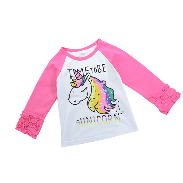 Spring Baby Girls Long Sleeve Unicorn Pink T-shirt Kids Girl Top Fashion Ruffles Blouse Kid Clothing Toddler