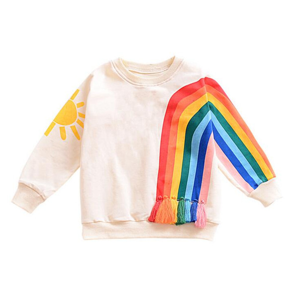 Baby Girls Rainbow Sweater Kids Long Sleeved Hoodie Cartoon Rainbow Printed Tassels T-shirt Autumn Winter New children Clothing