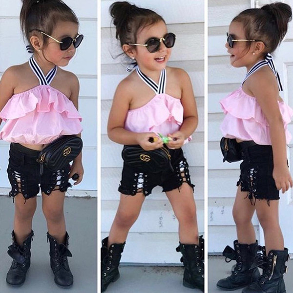 kids designer clothes girls baby girl designer clothes INS Off-the-shoulder sling top denim shorts two-piece suit