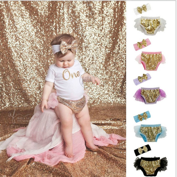 Baby bloomers diaper covers with headband infant cotton lining mesh sequin shorts Underpants Girl's ruffle bloomer mini Culottes Briefs