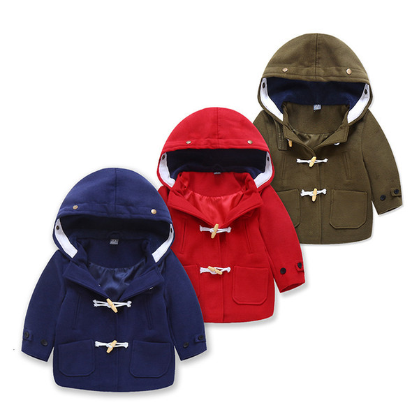 Windproof Warm Hooded Child Woolen Coat Fashion Baby Girls Boys Jackets Children Outerwear Kids Outfits For Cold Autumn 90-130cm