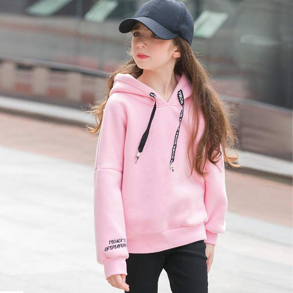 Wholesale- Candy Color 2016 Teen Girls T Shirts 100% Cotton Full Fleece Plush Hoodies Top Children's Coat Clothing Kids Warm Girl Clothes