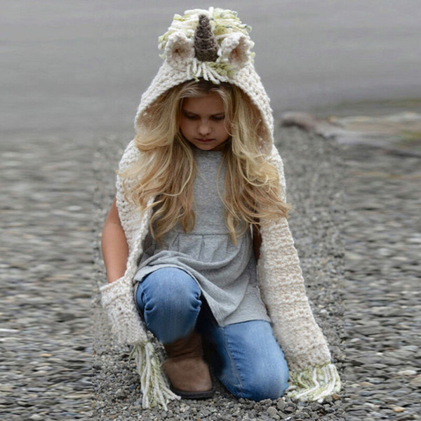 Emmababy Autumn Winter Unicorn Baby Girls Hooded Scarf Fox Animal Hoodie Cowl Crochet Knitted Beanie Hat Kids Hood