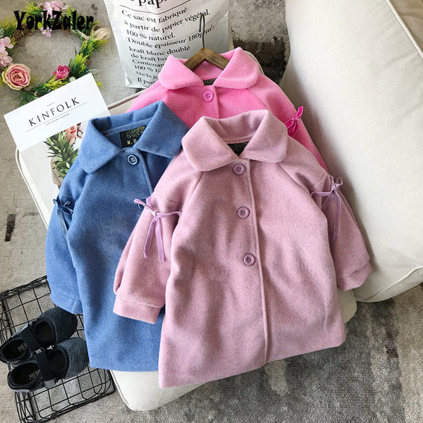 Yorkzaler Winter Kids Outerwear Fot Girl Long Sleeve Bowknot Girl Woolen Coats Solid Cotton Toddler Baby Clothes Children Jacket SH190912