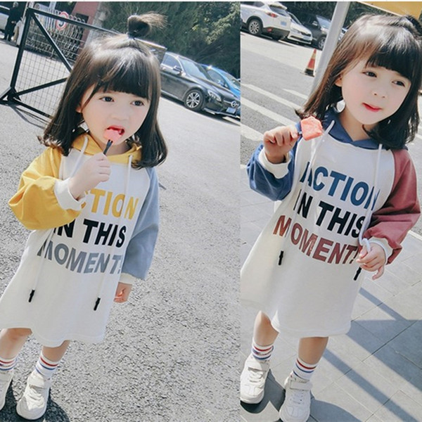 2018 Autumn Baby Girls Sweatshirt Dress Kids Letters Printed Long Sleeve Hooded Tops Children Sweatshirts Dresses W247