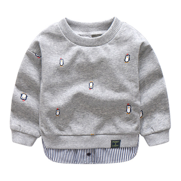 Spring Autumn 2-10 Years Old Children Long Sleeve Cartoon Animal Print Patchwork Fake 2 Pcs Kids Basic Sweatshirt Baby Boy