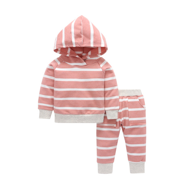 Baby girl clothes 2019 new spring and autumn baby girl pink striped hooded long-sleeved sweater + pants two-piece suit