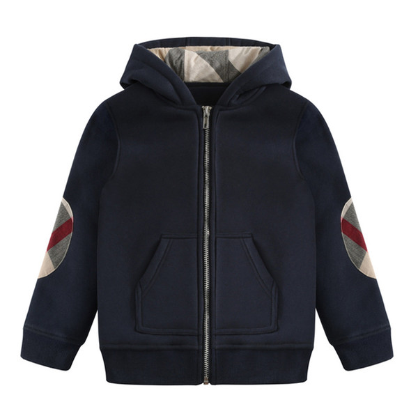 2020 Designer-Autumn and Winter New Cotton Boy Lapel Zipper Thick Warm Hooded Cotton Children's Plaid Hooded Navy Blue (3-8T)