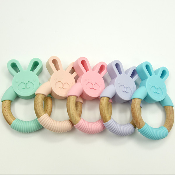 Bunny Silicone and Wood Teether Ring Natural Organic Beech Wood Teething Ring Soft Bunny Rabbit Chew Toys Baby Infant Gifts