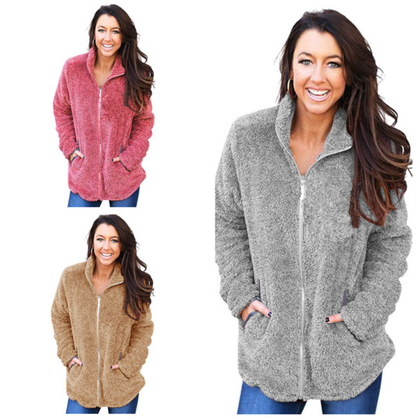 Women Soft Fleece Hoodies Zipper Sherpa Sweatshirts Autumn Winter Warm Sweater Cardigan Casual Solid Hoodie Jacket Ladies Top Clothing S-XL