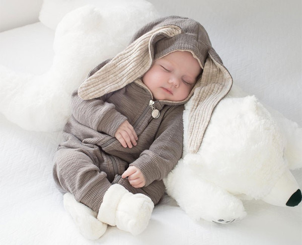 INS Baby Winter Warm Baby Boys Girls Cute Rabbit 3D Ear Zipper Hooded Romper Jumpsuit Outfits Warm Thick Velet Jackets