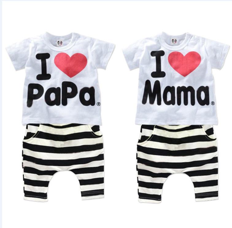 Wholesale-new boys and baby girls clothing set 100% cotton suit I Love Papa & Mama letters Short-sleeved T-shirt + striped PP pants