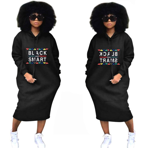 Women Black Smart Letter Hoodie Long Sleeve Hooded Dress Brand Loose Pullover Sweatshirt Jumper Street Club Wear Sports Dresses S-3XL C3141