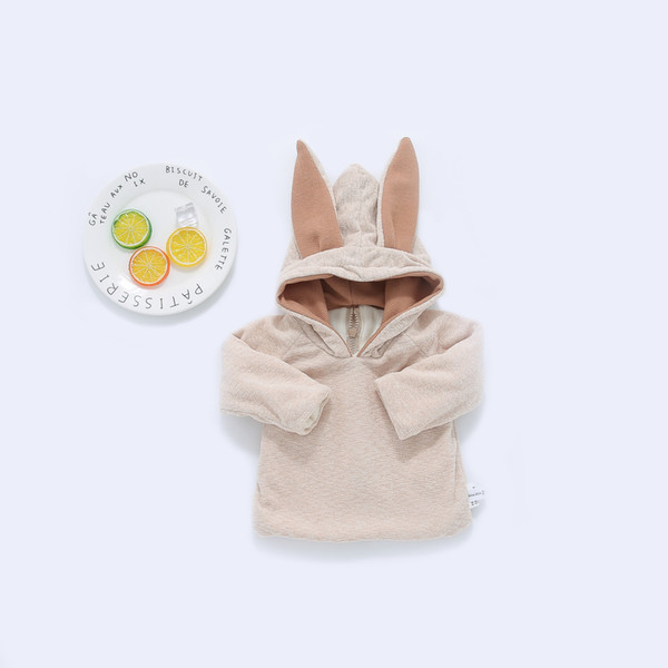 2017 NEW Cute Baby Girl Boy 3D Rabbit Ear Solid Color Velvet Thinken Warm Hoodie Toddler Long Sleeve Coat Kids Zipper Back Open Outwear