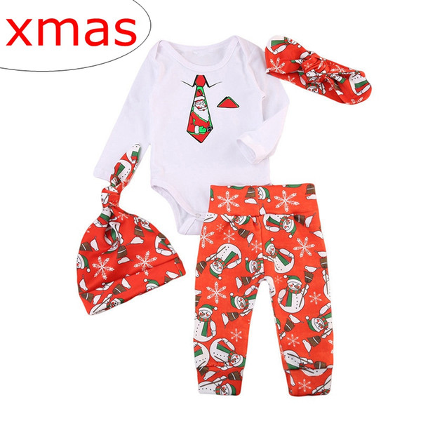 INS Xmas Infant Baby christmas outfits tie print Romper Long red snowman Pants hat headband 4pcs set Outfits set for baby Christmas