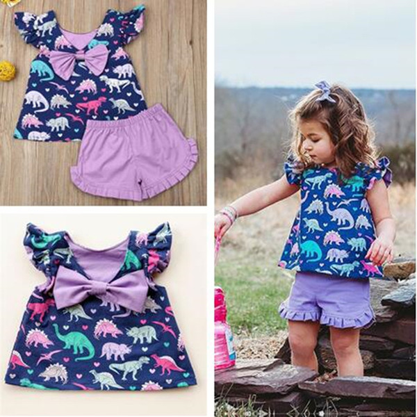 Girls Petal Sleeve Bow t shirt Dress Lace Shorts 2 Piece Clothes Dinosaur Print Fashion Outfits Boutique Summer Kids Clothing Sets C71907