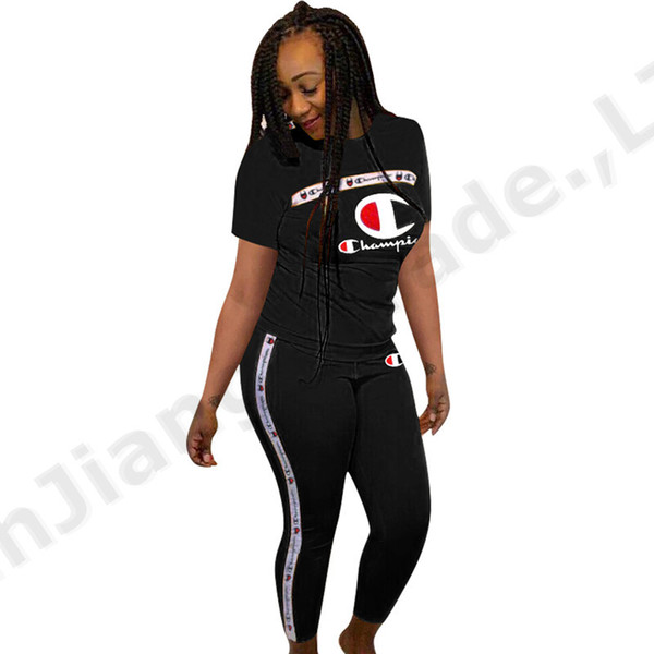 Women Short Sleeve Summer Tracksuit Champions Letter Print T shirt + Pants Outfits 2 Pieces Shortsleeves Sportswear Sports suit A362