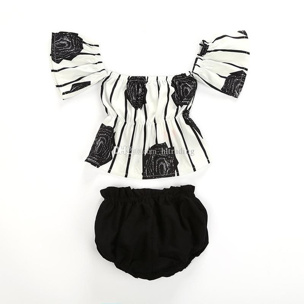 Baby girls Off shoulder outfits Floral stripe print tops+Bloomers shorts 2pcs/set 2019 summer fashion kids Clothing Sets C6246