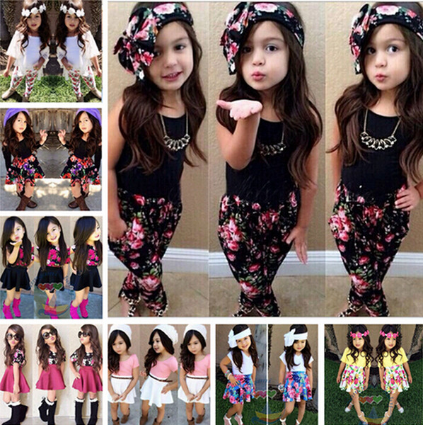 girls summer clothing sets kids girls floral skirt+t shirt clothing sets children short-sleeved clothing sets