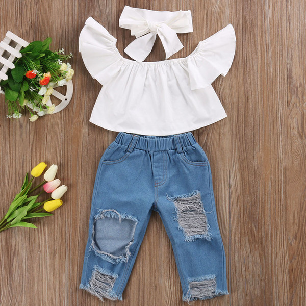 Summer Toddler Infant Child Girl Kids Off Shoulder Tops Denim Pants Jeans Outfits Headband 3Pcs Set Clothing Sets