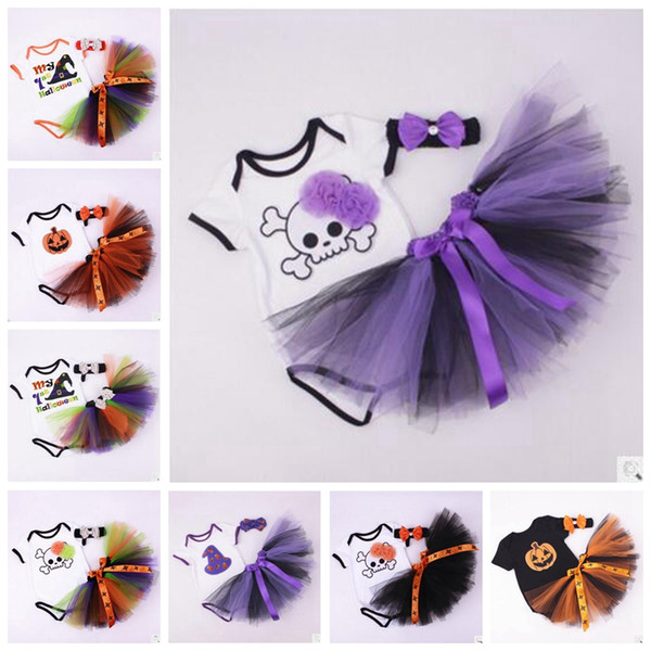 Baby Halloween Thanksgiving Tulle Dress Girls Romper Outfits Kids Pure Cotton Sets pumpkin Skull Print Jumpsuits 20 Designs YL28