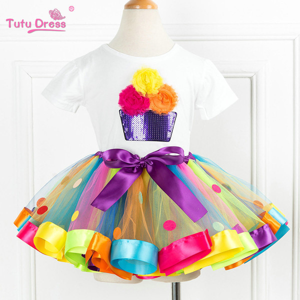 Cartoon Flower T-shirts+tutu Skirt Dress White Short Sleeve Baby Children Girls Tops Birthday Party Dress 2pcs Clothing Sets Y190522