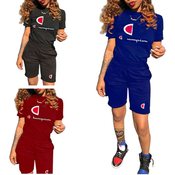Women Champions Short Sleeve T shirt + Shorts Tracksuit Designer Summer Outfit Letter Print 2 Piece Sportswear Joggers Casual Set 2019 A3105