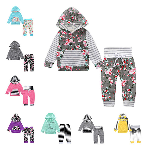 Baby Girl Outfits Winter Printed Striped Pockets Hooded Tops High Waist Pants Two-Piece Sets Kids Designer Clothes Girls Clothes RRA1940