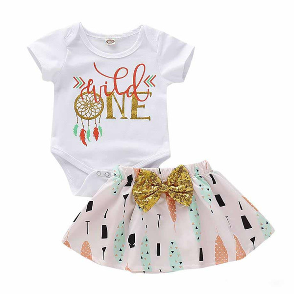 Ins 2019 Summer New Outfits 2pc set Baby girl infant toddler Wild One Jumpsuit Romper Onesies + Dreamcatcher Skirt Sequin bow