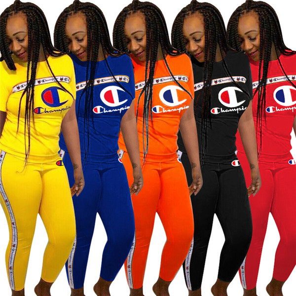 Women Champions Letter Tracksuit Brand T shirt + Pants Two Piece Outfits Designer Sportswear Sports Casual suit Joggers Set Streetwear A362