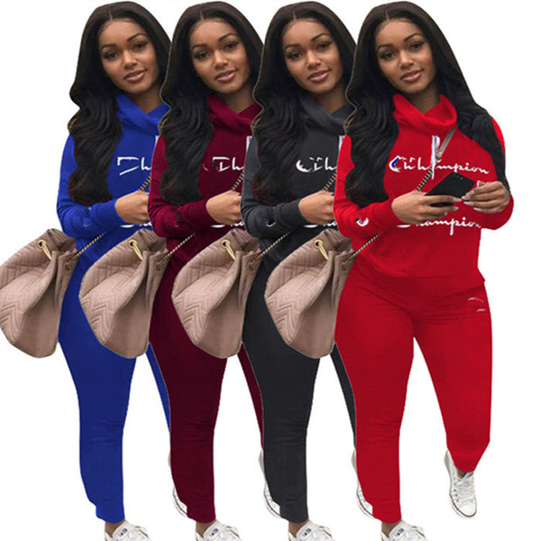 Champions Letter Print Tracksuit Brand Women Spring Outfits Long Sleeve T shirt Tops + Pants Leggings 2Piece Set Sweatshirt Sport Suit A3104