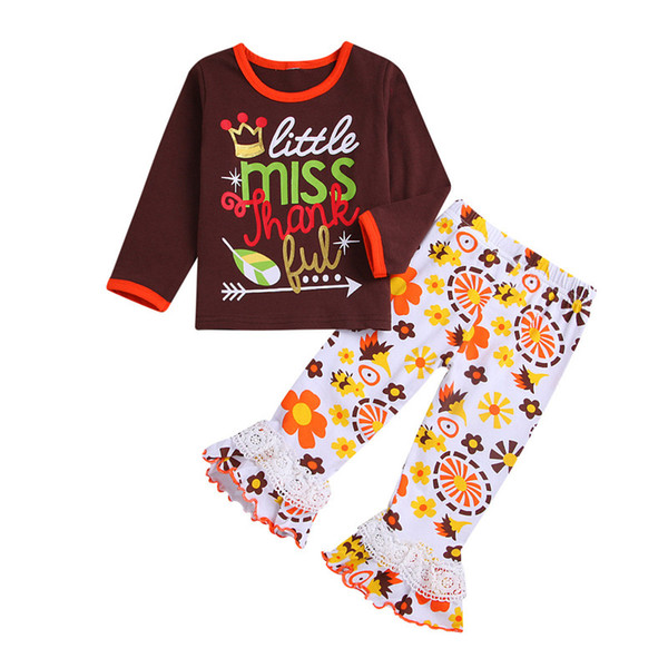 Kids Thanksgiving Flare Pants Outfit Baby Girls Long Sleeve Letter Print Tops+ Flare Pants Baby Thanksgiving Boutique Clothing