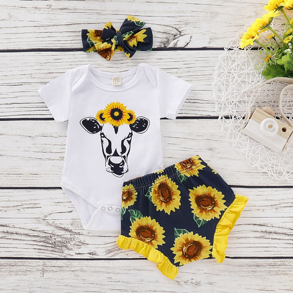 Baby Girl Clothes Sunflower Toddler Girls Rompers Shorts Headband 3PCS Sets Short Sleeve Infant Outfits Summer Baby Clothing YW4000