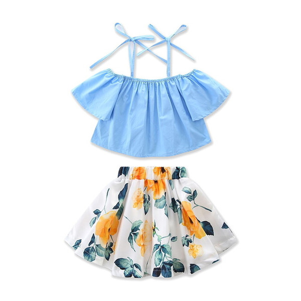 2019 Little Girls Straps Floral Skirt Clothing Set Toddler Baby Girl Off-shoulder Blue Top+Skirt Kids Outfits Summer 1-6T