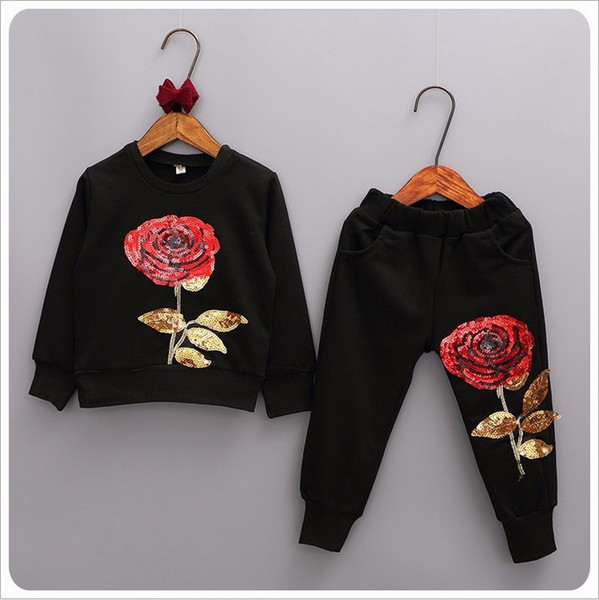 2017 New Spring Autumn Girls Tracksuits Children Rose Flower Embroidered Casual Sets Kids Sportswear Fashion Girl T-shirt+Pants 2pcs Suits