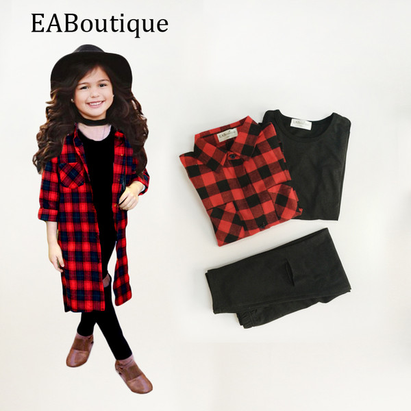 Wholesale- EABoutique Winter Street Fashion Long Red Plaid Jacket with vest hole designs pants girls clothes set 3 piece